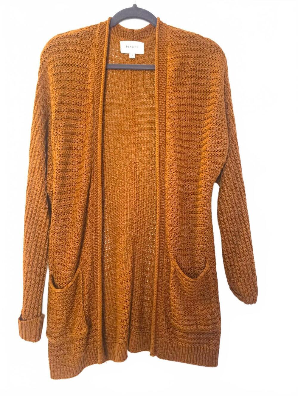PINQUE Women's Brown Open-Knit Open Front Cardigan Sweater with Pockets, Size M